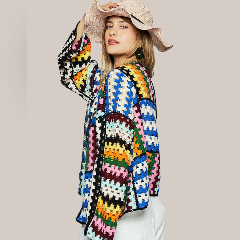 POL Colorful Crocheted Patchwork Open Front Cardigan Sweater Boho Statement